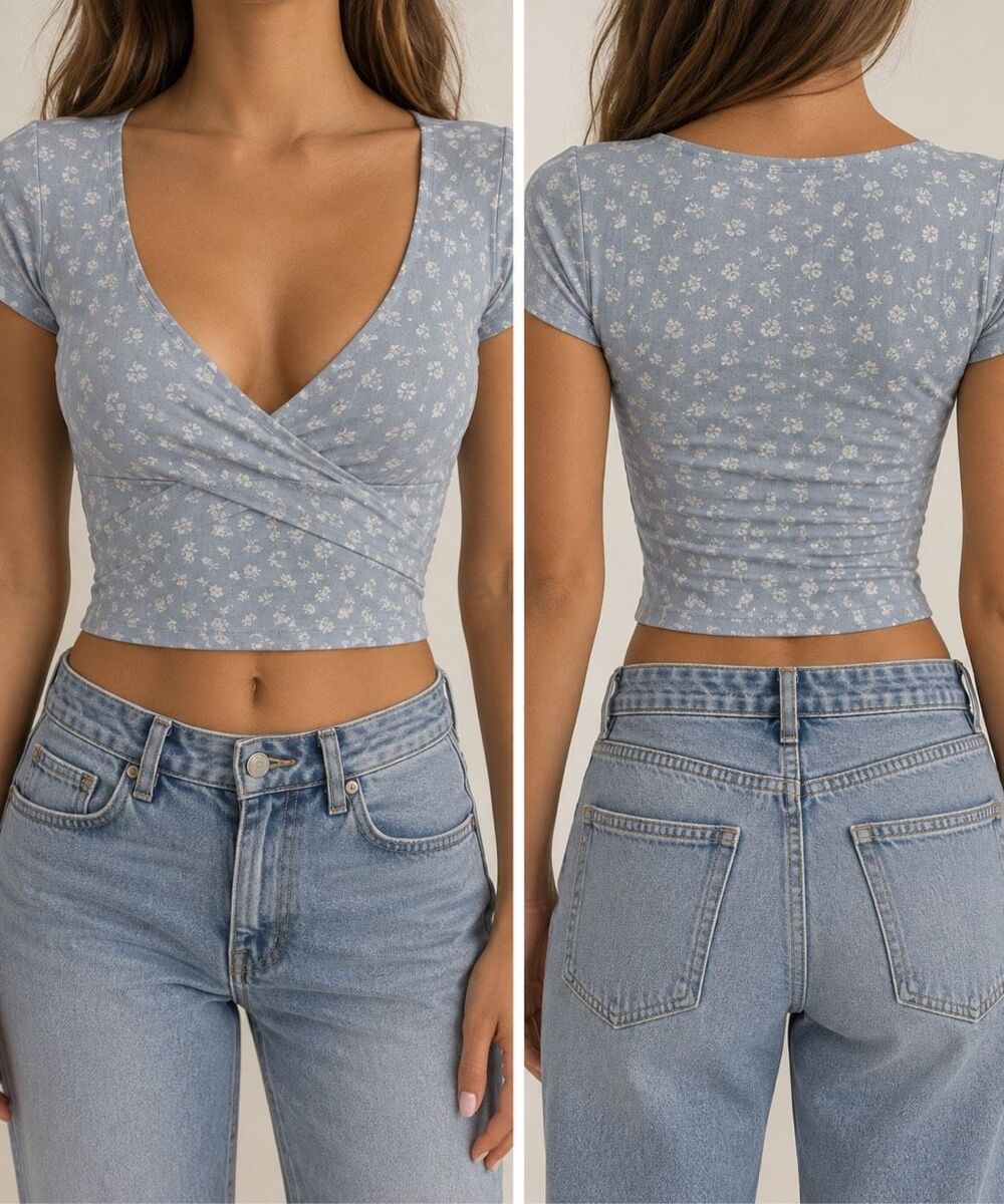 Brandy Melville Blue Floral Wrap Crop Top Ditsy Y2K Cottagecore